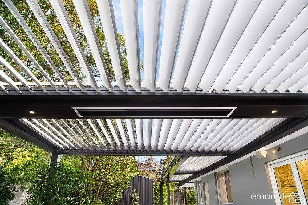 Eclipse louvered patio cover with external heater