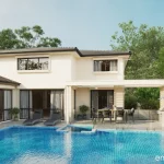 Outdoor alfresco and BBQ area positioned at rear boundary of luxury home with pool.