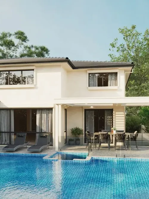 Outdoor alfresco and BBQ area positioned at rear boundary of luxury home with pool.