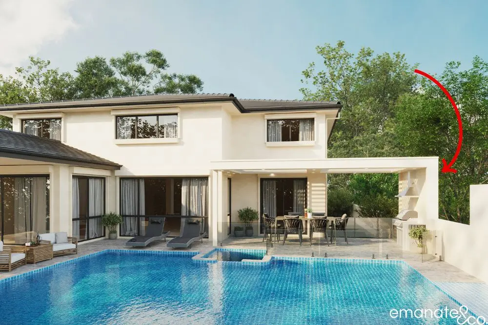Outdoor alfresco and BBQ area positioned at rear boundary of luxury home with pool.