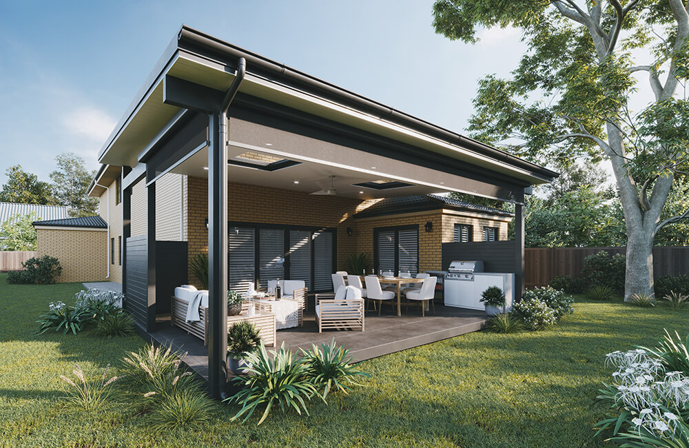 Modern outdoor alfresco area with sleek roofing, comfortable seating, and a dining space, seamlessly integrated with a contemporary brick home, ideal for year-round entertaining in a lush backyard.