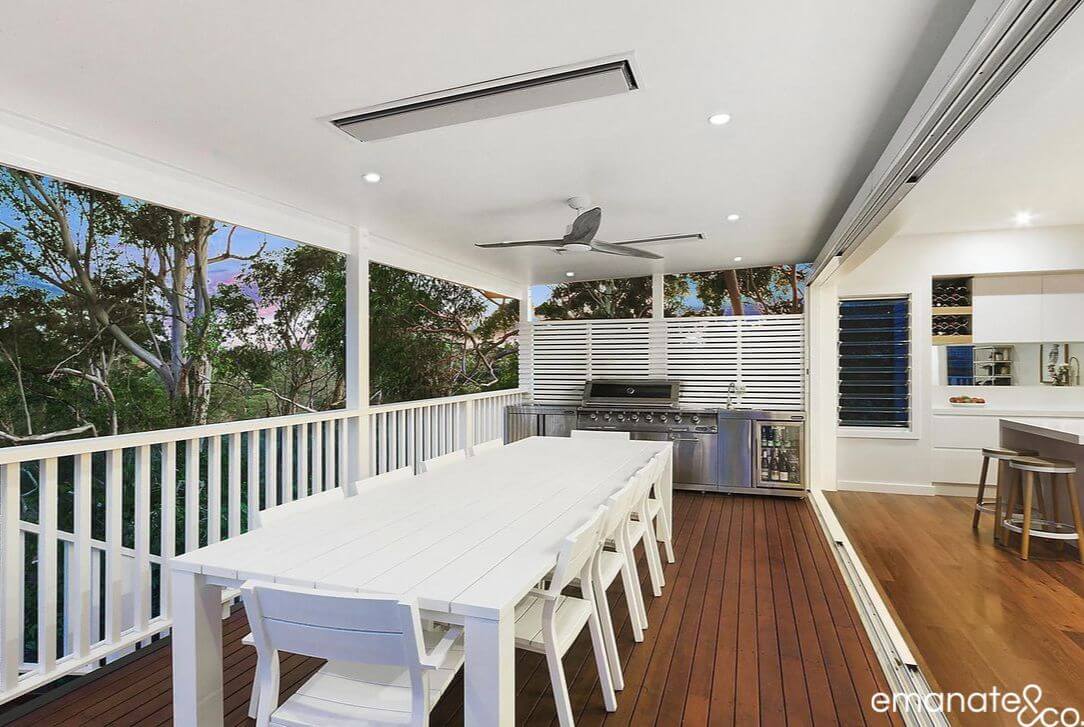 "Stylish outdoor kitchen and BBQ area seamlessly integrated into an alfresco living space in Hornsby."