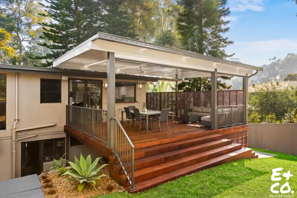 Hardwood timber deck reoiling in Sydney by E&Co for vibrant, long-lasting wood protection.