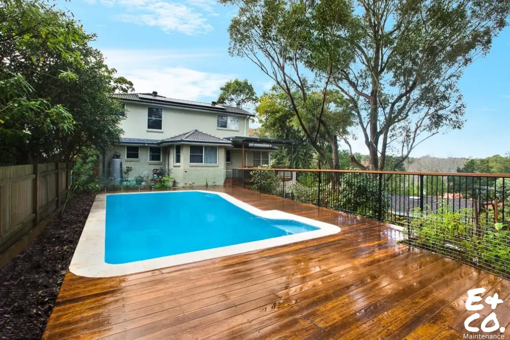 Poolside timber deck maintenance in Sydney by E&Co delivering safety and visual appeal.