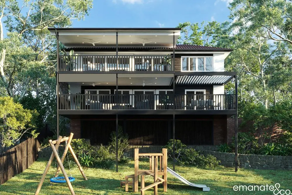 Outdoor lounge area with timber decking and fire pit next to an open-plan living space.