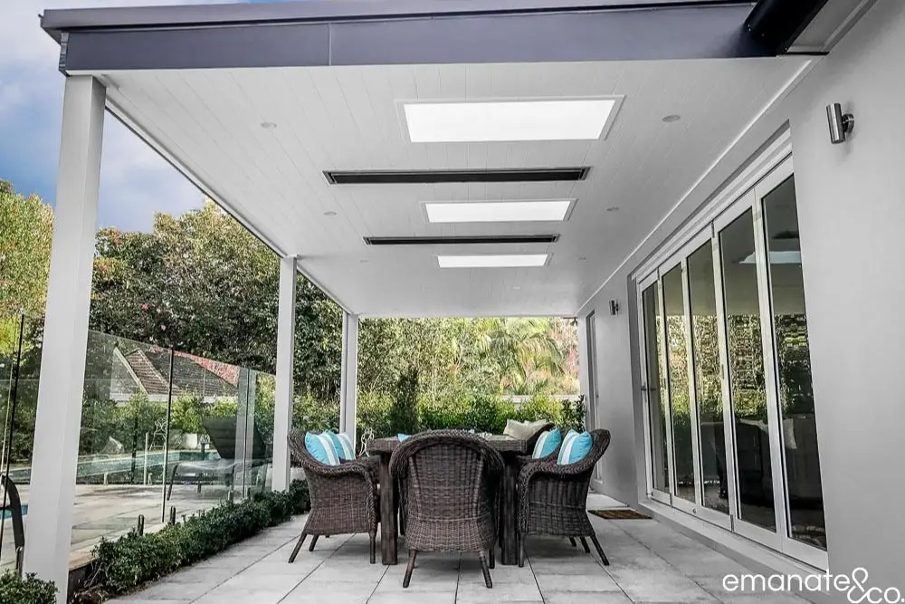 Modern outdoor room with a tiled deck and elegant lined patio ceiling in Turramurra, Sydney.