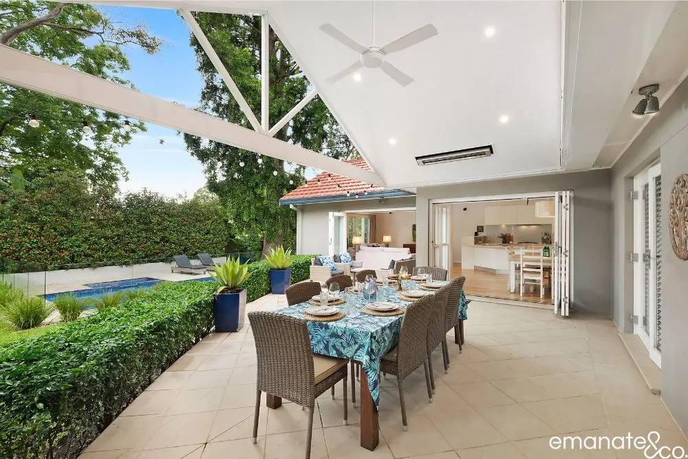 Elegant lined patio ceiling with a modern outdoor fan in a bespoke space in Pennant Hills, Sydney.