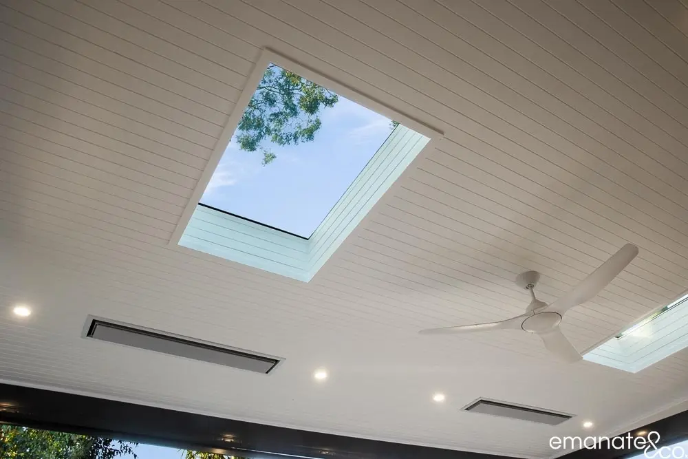 A detailed view of a v-groove timber lined ceiling to an Outdoor Room in West Pennant Hills