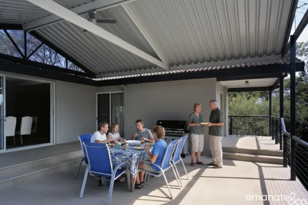 Seamless indoor-outdoor flow on a newly completed tiled deck, showcasing a luxury outdoor room in Pennant Hills.