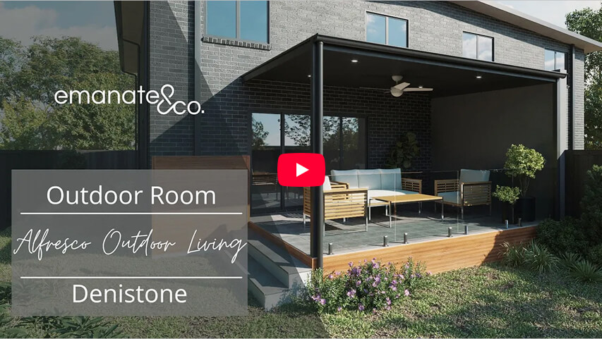 Emanate and Co project walkthrough video thumbnail for a custom outdoor room and modern alfresco living extension project in Denistone.