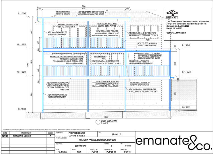 Emanate and Co architectural elevation blueprint for the McNally project, officially approved by Hornsby Shire Council for a multi-level custom patio cover, deck extension, and structural steel pier system.