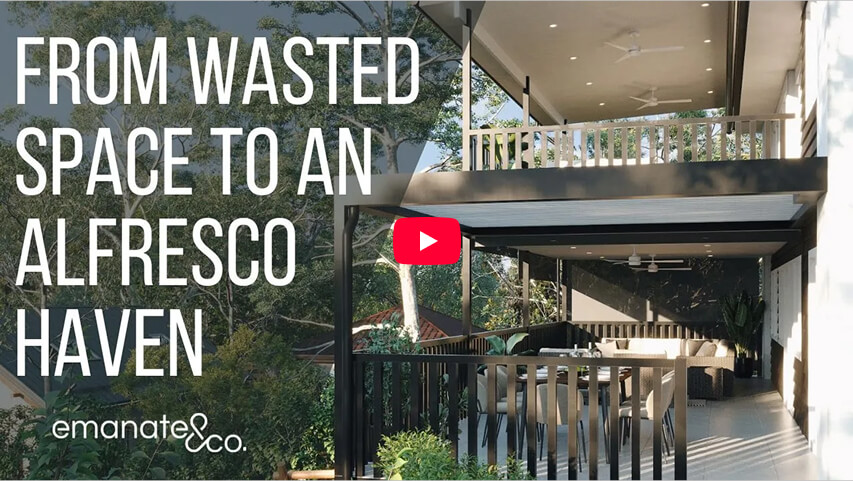 Emanate and Co project walkthrough video thumbnail highlighting a luxury residential transformation from a wasted backyard space into a custom multi-level alfresco haven.