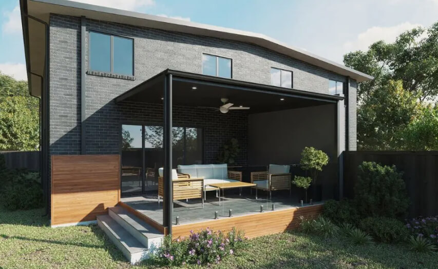 Custom modern alfresco room extension and low-level patio deck by Emanate and Co, featuring an insulated black patio cover, glass balustrades, and a timber privacy wall.