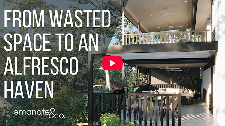 Emanate and Co video walkthrough thumbnail showcasing the McNally project transformation in Hornsby from a wasted backyard space into a luxury multi-level alfresco haven.