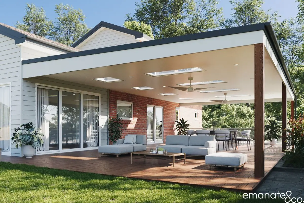 Contemporary fixed roof patio extension with skylights, timber decking and outdoor lounge in Pymble, creating seamless indoor-outdoor living.