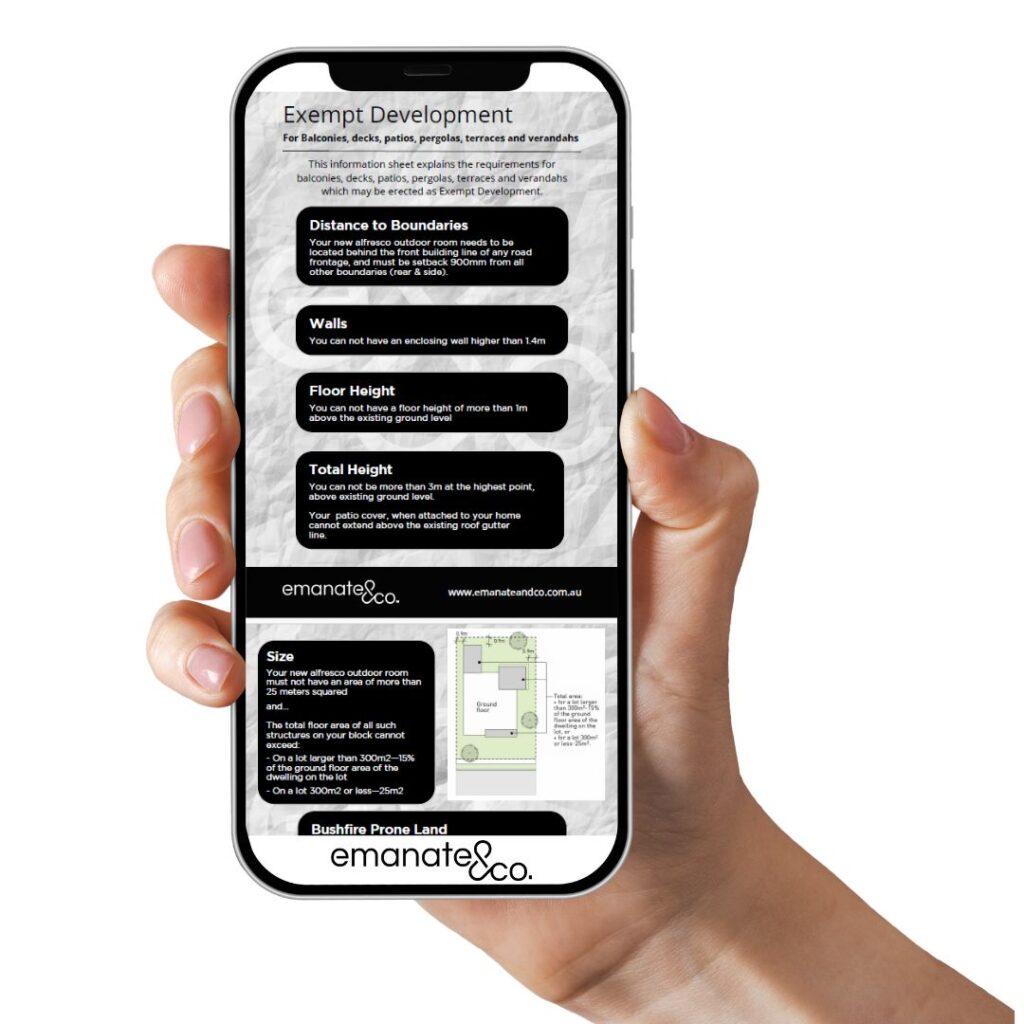 Emanate and Co digital lead magnet guide shown on a smartphone screen, detailing Exempt Development planning rules for balconies, decks, patios, and outdoor rooms.