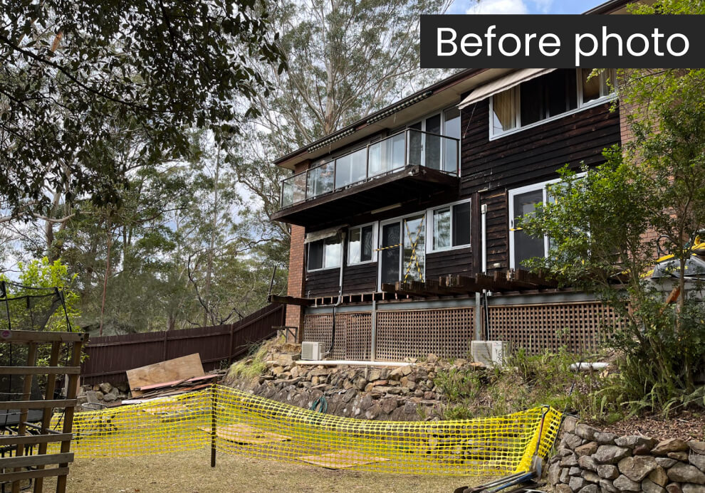 Original rear facade and dated balcony of a sloping block home in Hornsby prior to a major multi-story outdoor room extension by Emanate and Co.