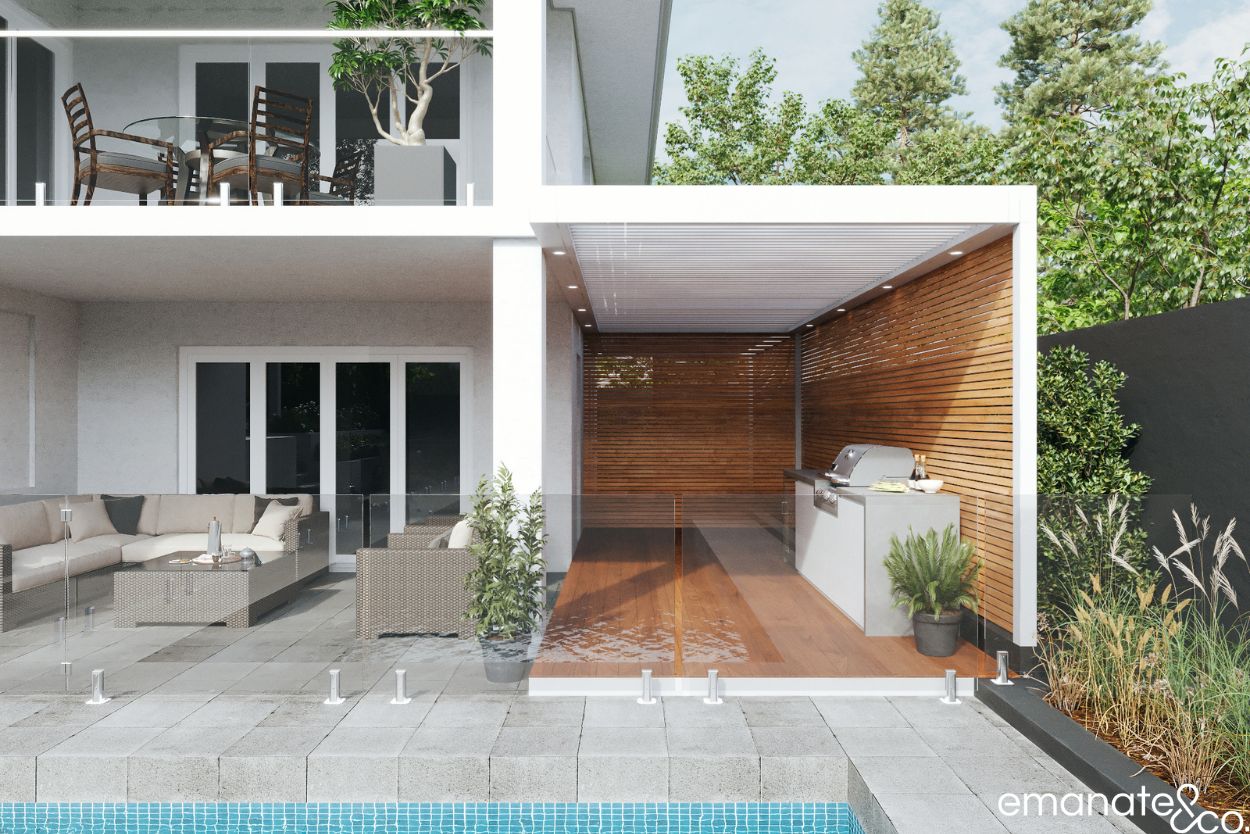 Architectural 3D rendering of a Wahroonga poolside outdoor room with louvred roof, timber screening, kitchen and lounge area.