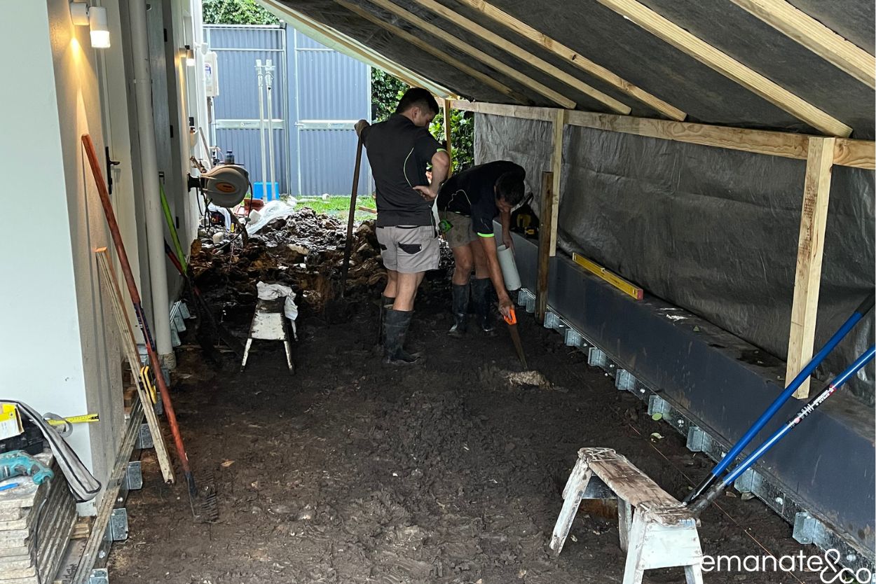 Emanate & Co. construction team preparing foundations and substructure for a custom hardwood deck and covered outdoor space in Wahroonga.