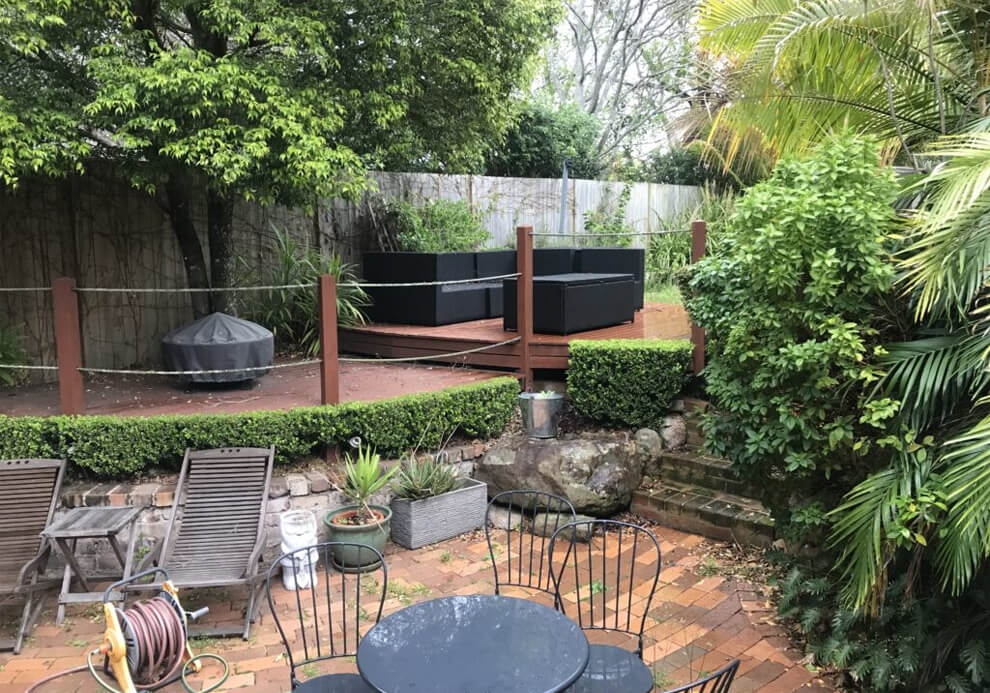 Multi-level backyard courtyard and timber deck in Lane Cove West before opening roof patio cover installation by Emanate and Co.