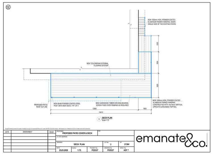 Custom architectural deck and patio cover design plan in Gordon by Emanate and Co.