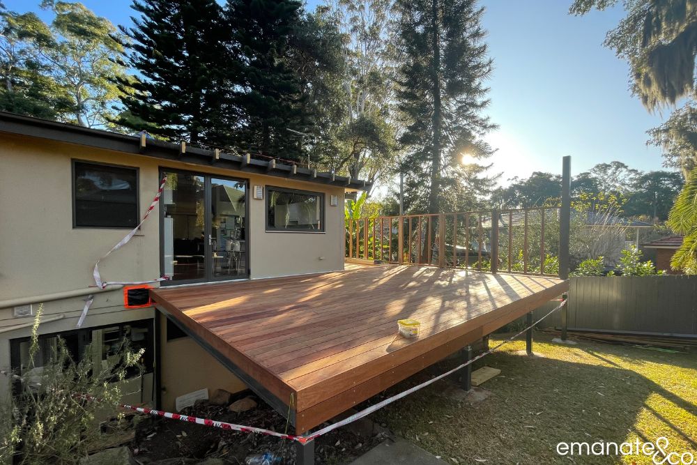 New hardwood deck under construction in Normanhurst, extending the home into a generous alfresco outdoor room with garden access.