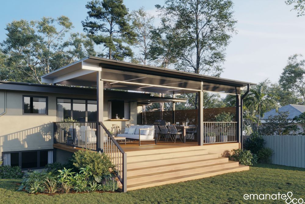 Architectural 3D rendering of a Normanhurst outdoor room with hardwood decking, insulated patio cover, broad steps and integrated entertaining zones.