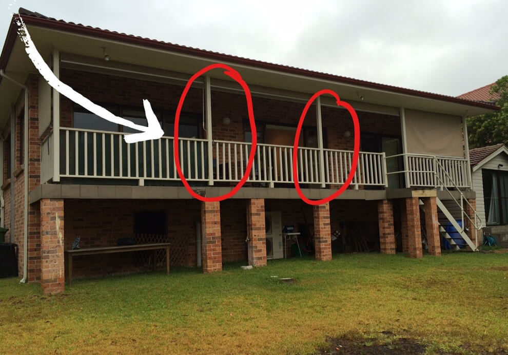 Annotated site assessment showing structural posts for removal on elevated balcony project in West Pymble by Emanate and Co.