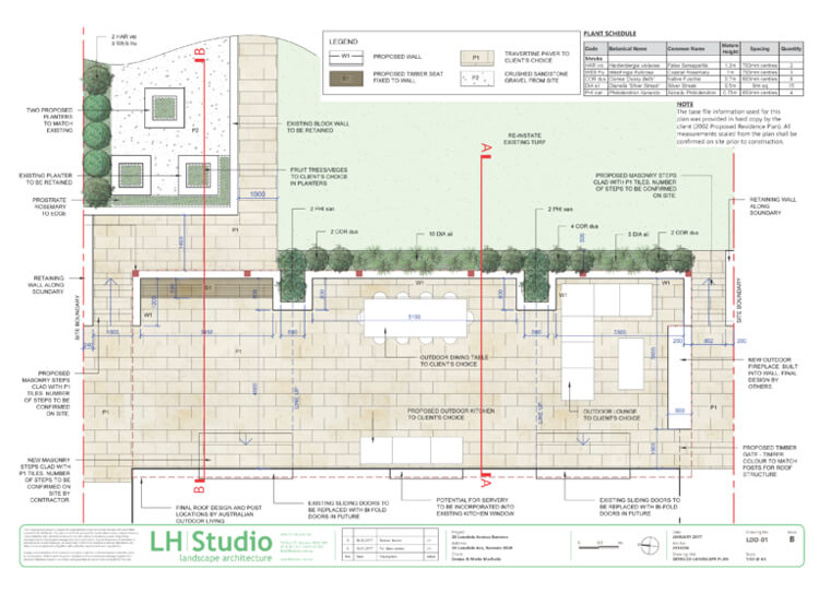 Detailed architectural landscape plan by LH Studio showing travertine paving, outdoor kitchen, lounge, fireplace, and dining layout.