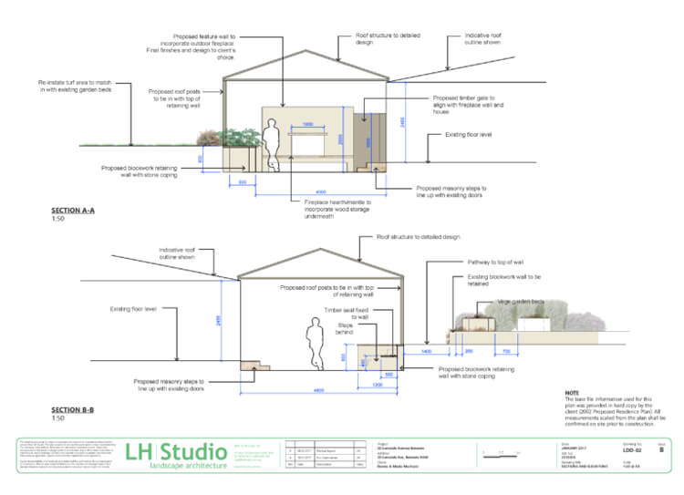 Architectural cross-section elevation plan by LH Studio showing gabled roof structure, outdoor fireplace hearth, masonry steps, and seating wall.