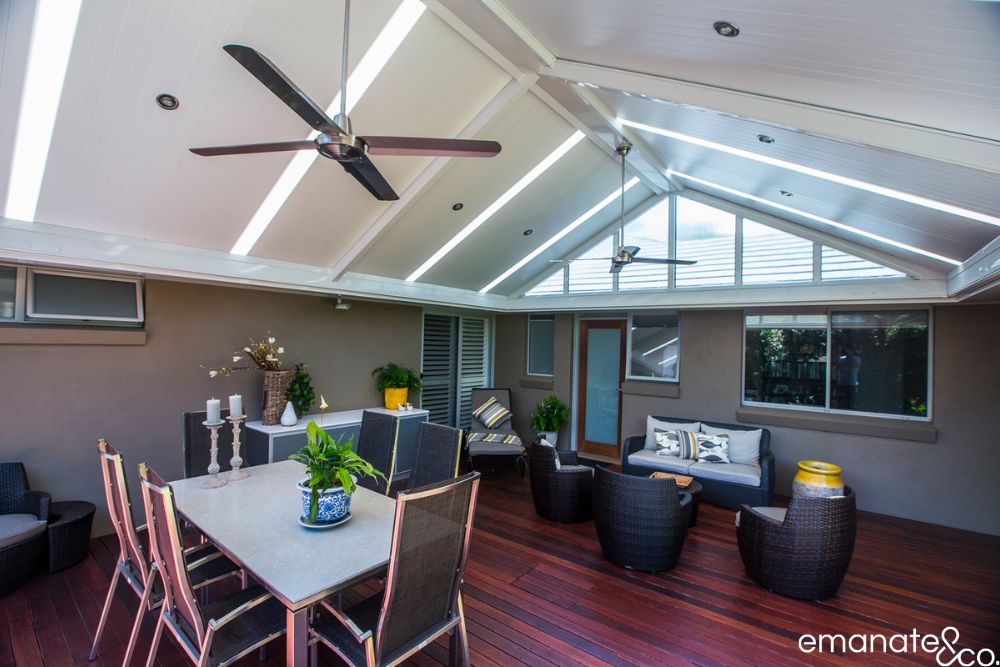 Avalon outdoor alfresco with insulated roof, skylight strips, hardwood decking and separate dining and lounge zones on Sydney’s Northern Beaches.