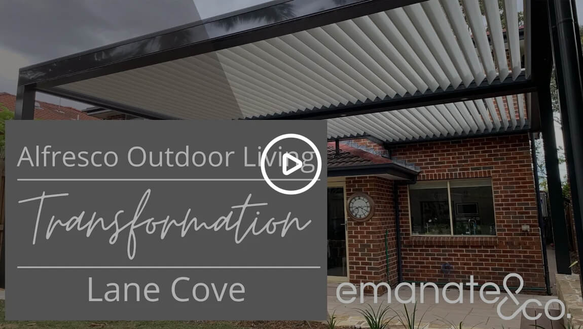 Video thumbnail of an alfresco outdoor living transformation and opening louvered roof patio cover in Lane Cove by Emanate and Co.
